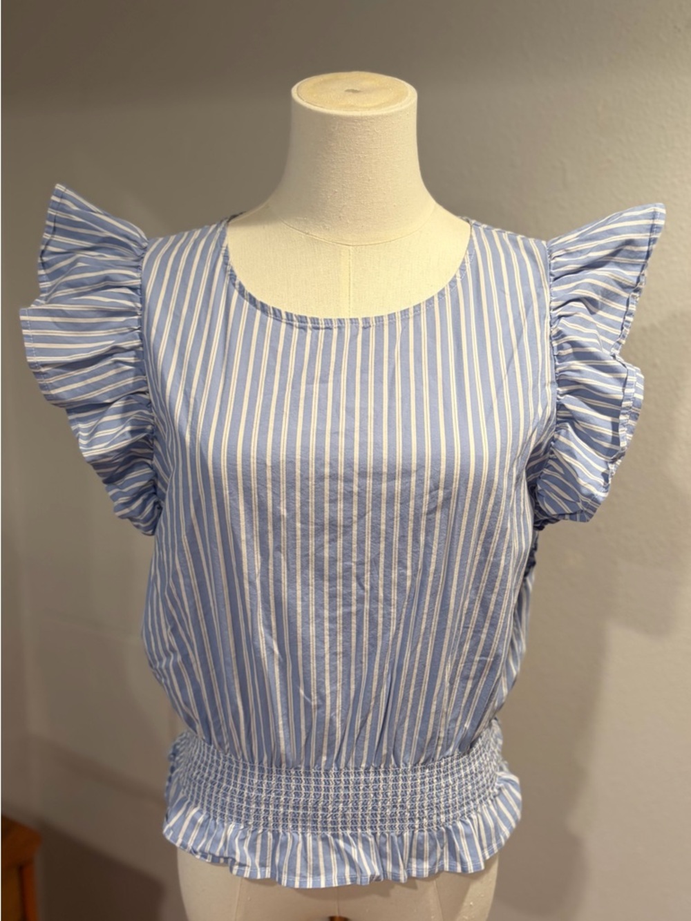 Ruffle Sleeve Blue and White Stripped Dress Shirt, Summer Top, Nautical Stripe